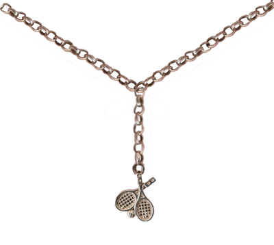 Silver ankle bracelet with drop down chain and tennis racquets