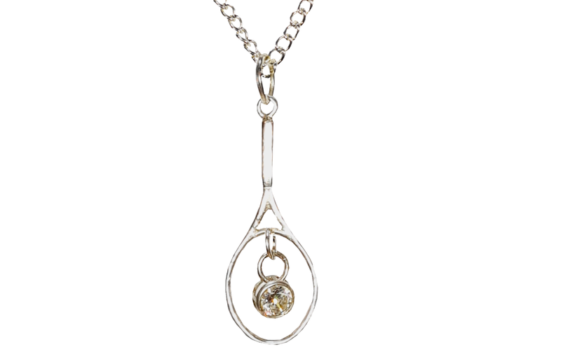 Silver necklace with tennis racquet and internal Cubic Zirconia stone