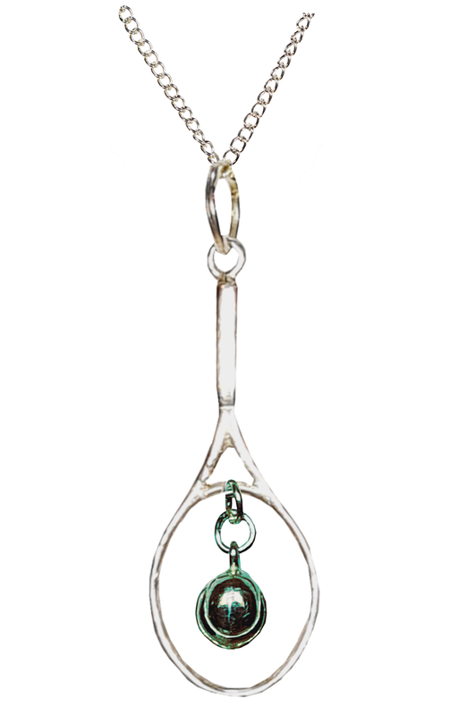 Silver tennis racquet  with tennis ball on a slim gold chain