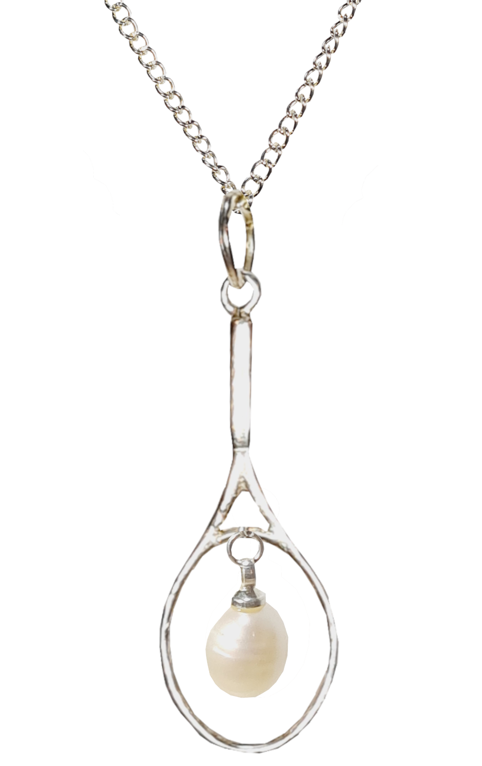 Silver tennis racquet on a silver chain with tennis raquet with a hanging pearl