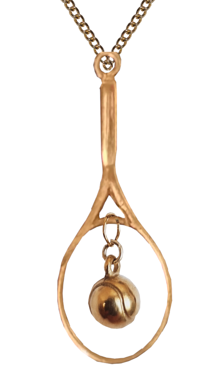 9 ct gold chain with gold tennis racquet with a hanging  gold tennis ball