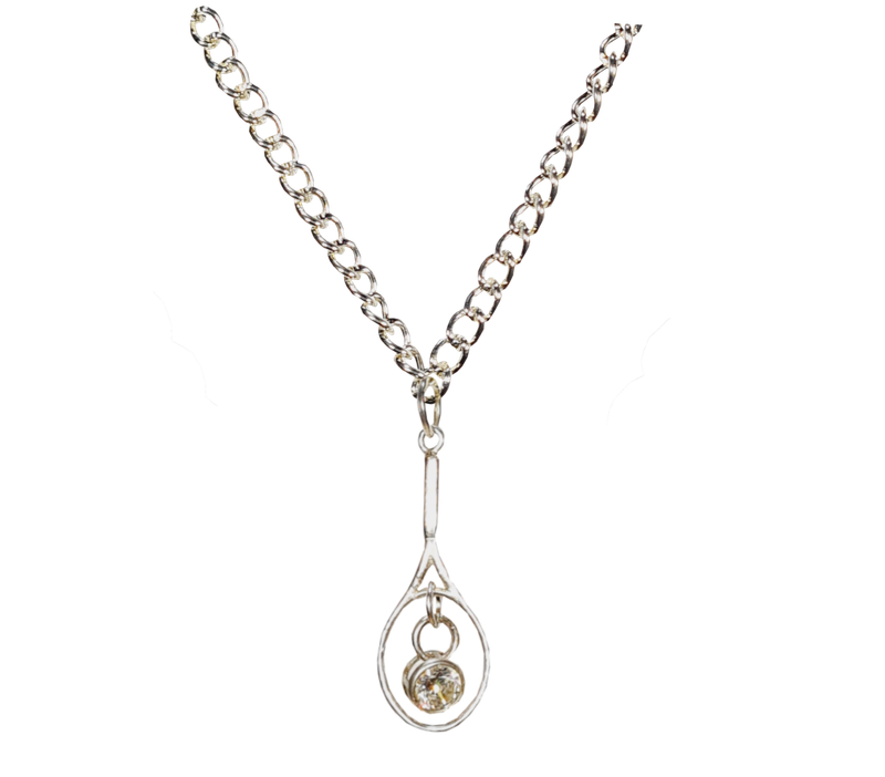Silver necklace with tennis racquet and internal birthstone
