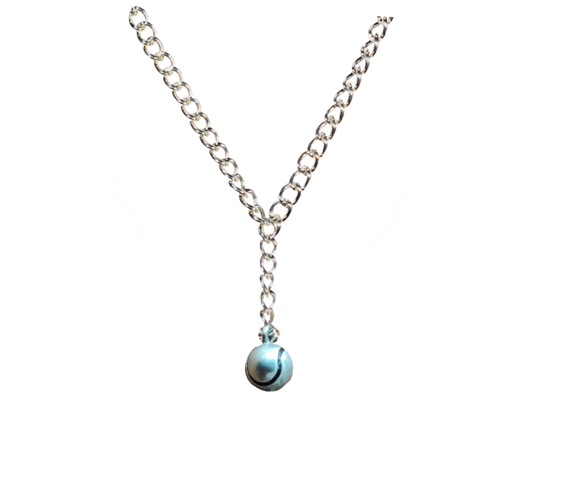 Silver necklace with drop down chain and silver tennis ball.