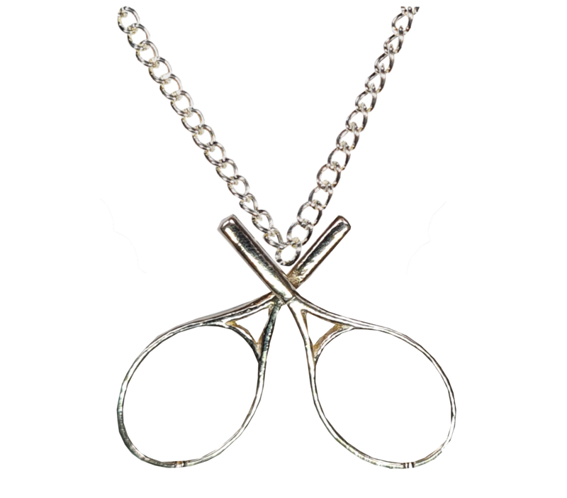 Silver crossed tennis racquet on silver chain