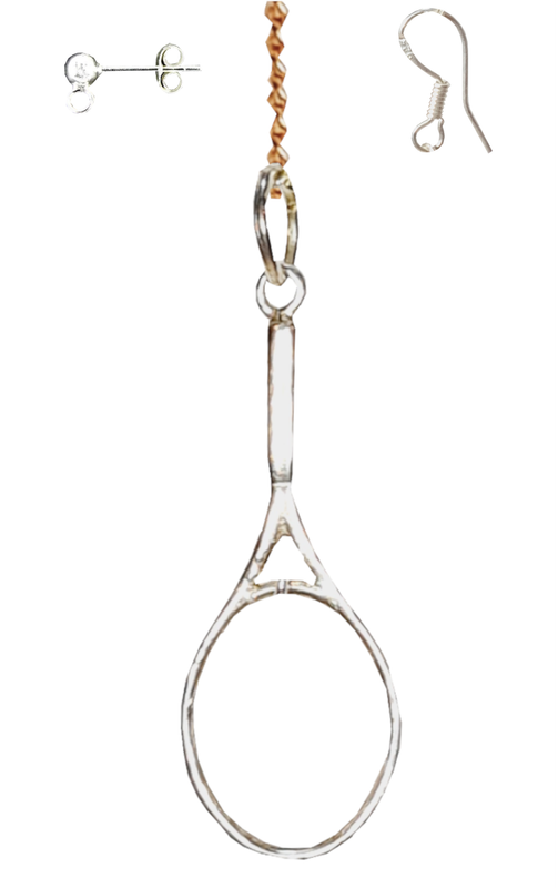 Silver tennis racquet with drop chain and top pearl stud