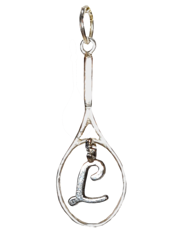 Silver necklace with silver tennis racquet and hanging Letter L