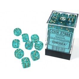 Chessex Borealis 12mm d6 Teal/gold Luminary Dice Block (36 dice)