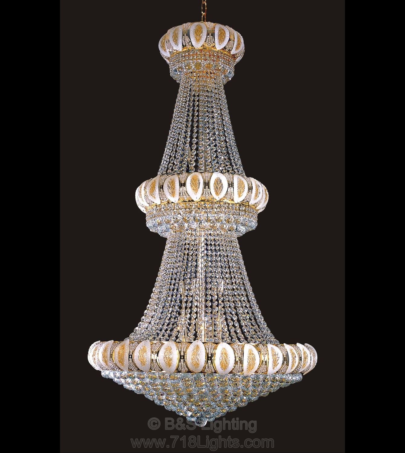 6685H-W42&#39;&#39;H72&#39;&#39; GOLD 3 TIER CHANDELIER WITH MURANO STYLE CURVED CRYSTAL (CB576)(FO955)