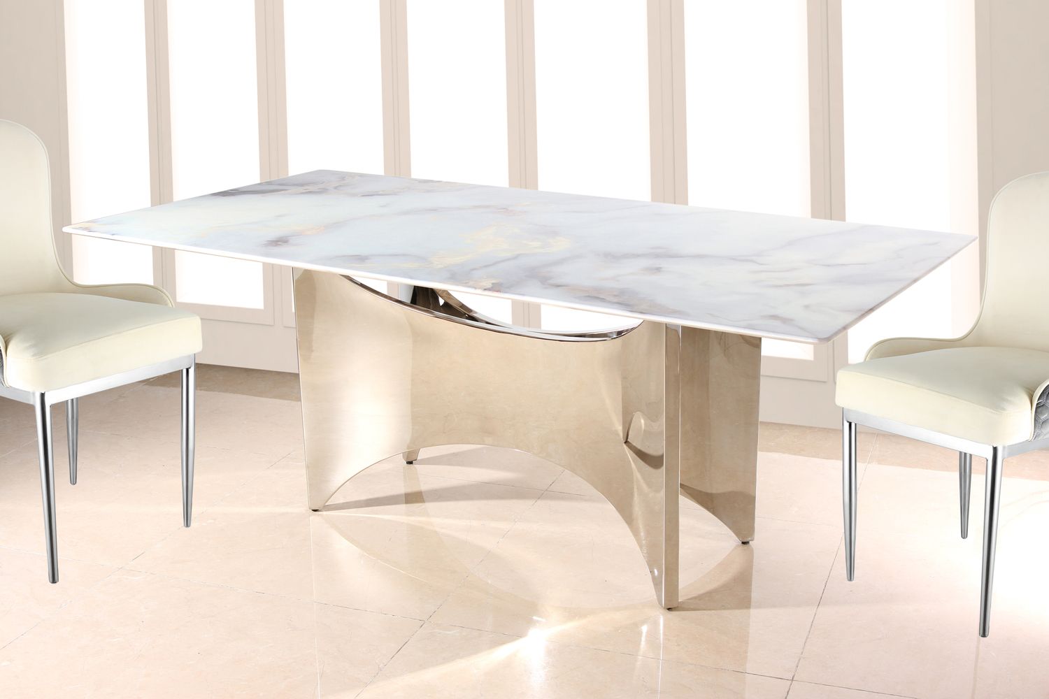 DT2002C - 78 X 39 X 29 - SILVER STAINLESS STEEL + MARBLE  DINING TABLE