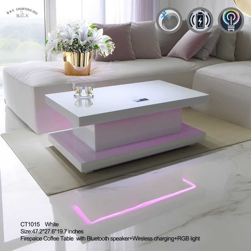 CT1015 WHITE 48X28X20 INCH COFFEE TABLE BLUETOOTH SPEAKER ,COLOR CHANGING LED AND WIRLESS CHARGER
