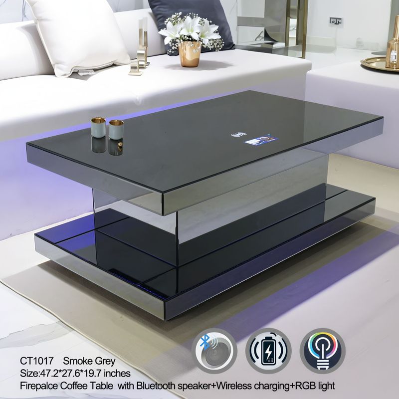 CT1017 GREY 48X28X20 INCH COFFEE TABLE BLUETOOTH SPEAKER ,COLOR CHANGING LED AND WIRLESS CHARGER