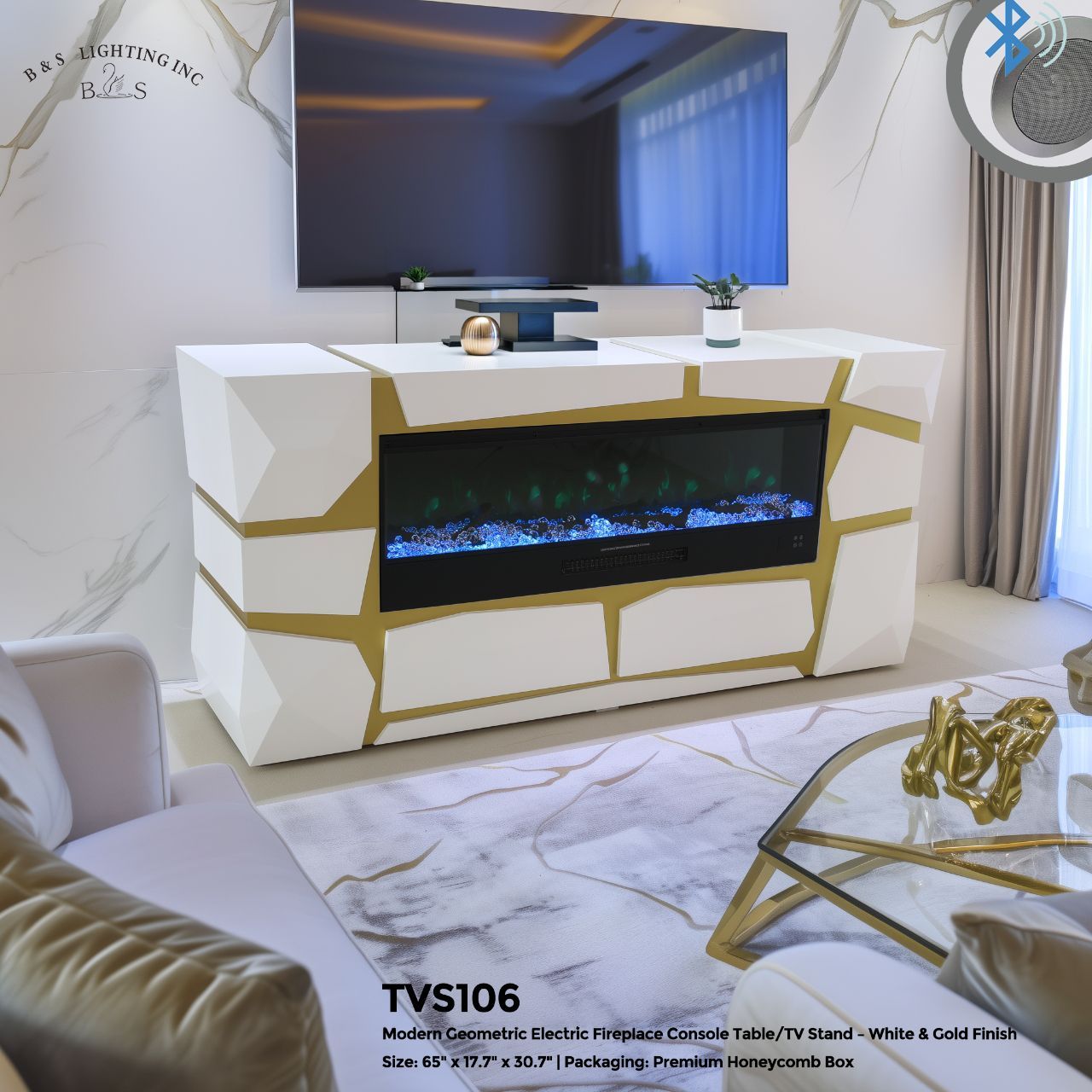 TVS106 Modern Geometric Electric Fireplace Console Table/TV Stand - White &amp; Gold Finish (65&quot; x 17.7&quot; x 30.7&quot;)