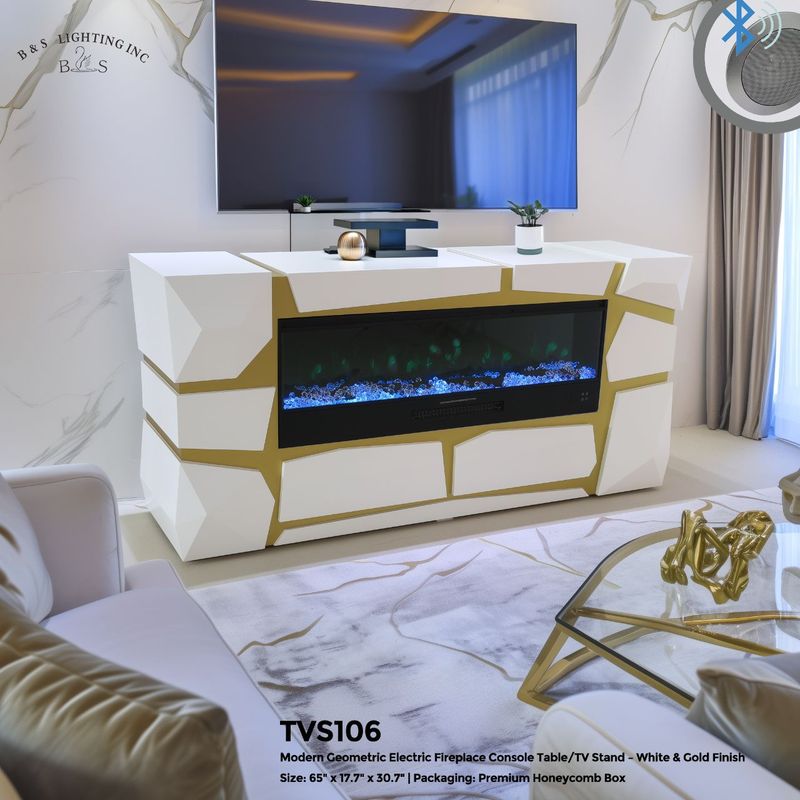 TVS106 Modern Geometric Electric Fireplace Console Table/TV Stand - White &amp; Gold Finish (65" x 17.7" x 30.7")