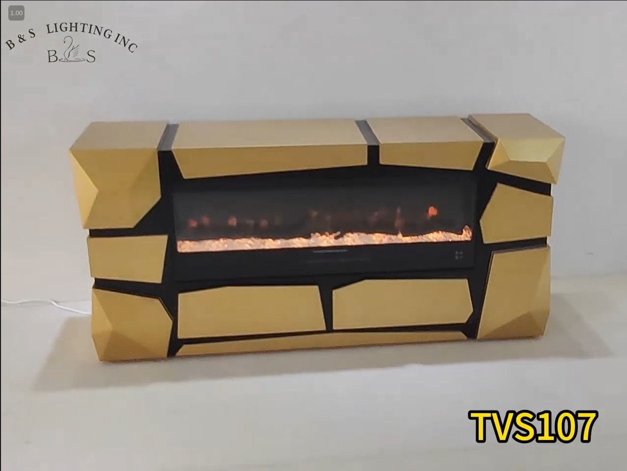 TVS107 Modern Geometric Electric Fireplace Console Table/TV Stand - Black &amp; Gold Finish (65" x 17.7" x 30.7")