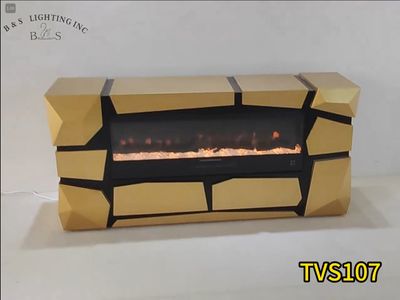 TVS107 Modern Geometric Electric Fireplace Console Table/TV Stand - Black &amp; Gold Finish (65" x 17.7" x 30.7")