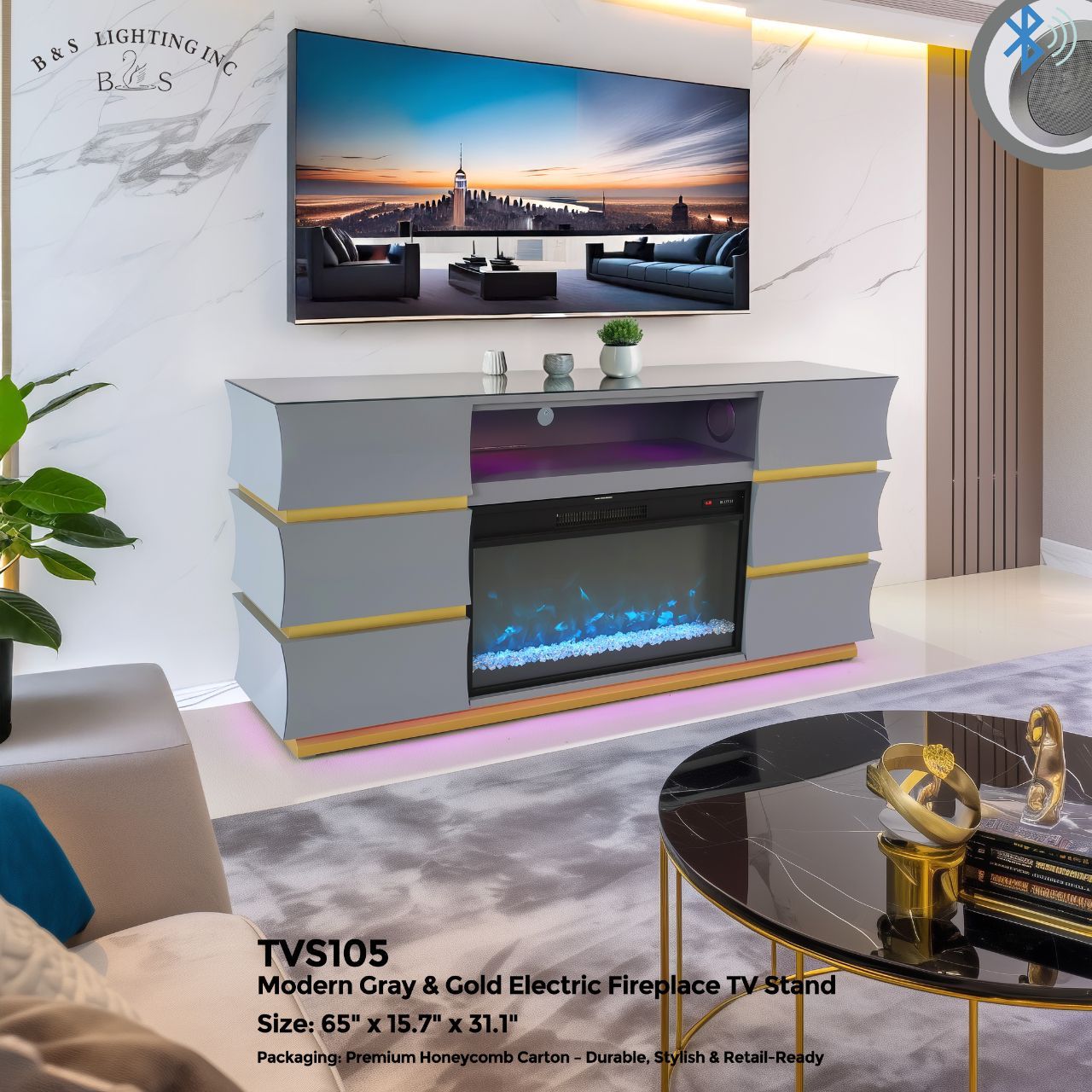 TVS105 Modern Gray &amp; Gold Electric Fireplace TV Stand (65&quot; x 15.7&quot; x 31.1&quot;)