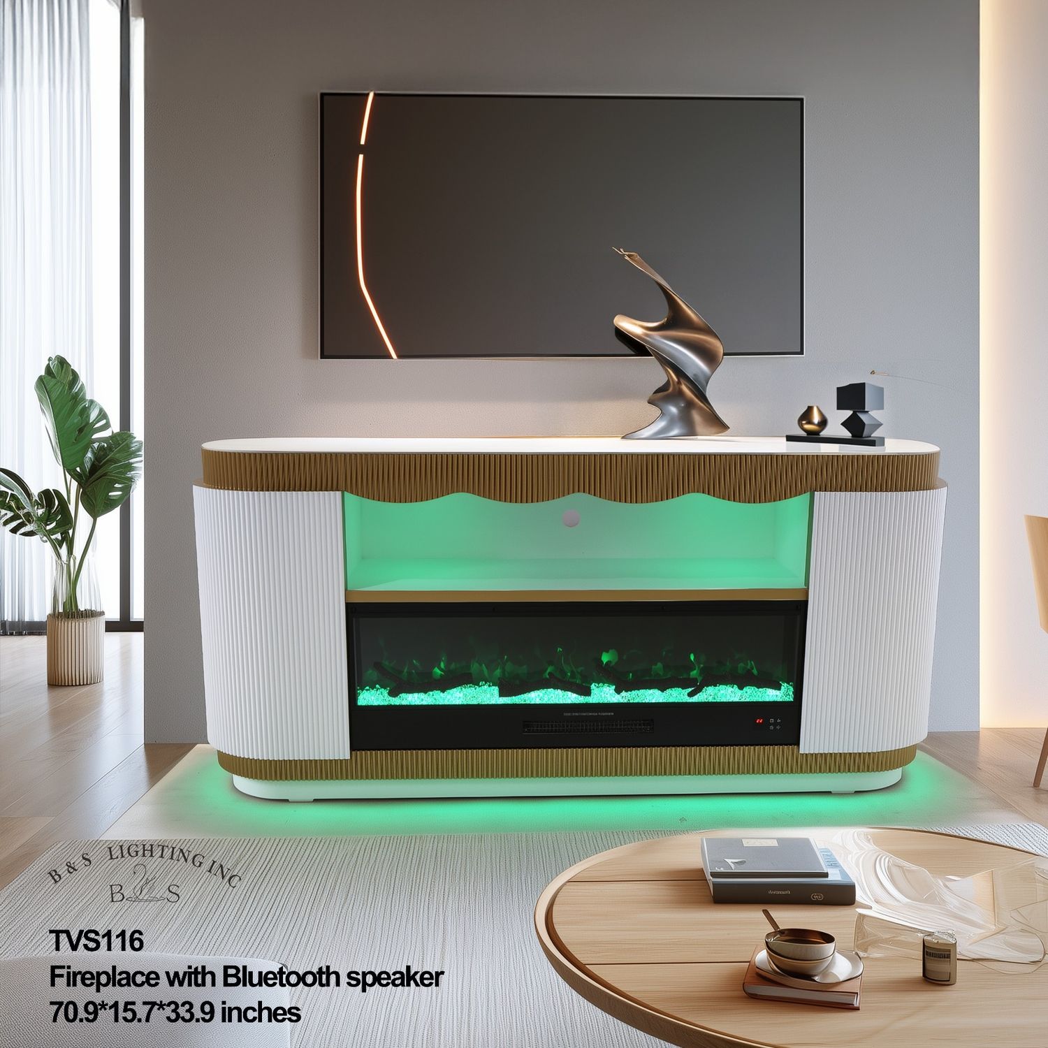 TVS116 – Fireplace TV Stand with Bluetooth Speaker 70.9&quot;×15.7&quot;×33.9&quot;