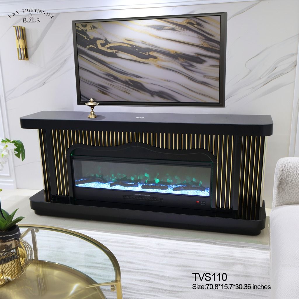 TVS110 Modern Black &amp; Gold Electric Fireplace TV Stand (71&quot; x 16&quot; x 31&quot;) WITH WIRELESS CHARGER