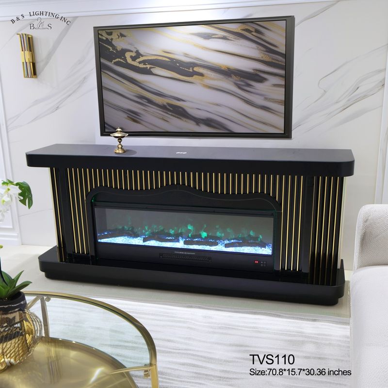 TVS110 Modern Black &amp; Gold Electric Fireplace TV Stand (71&quot; x 16&quot; x 31&quot;) WITH WIRELESS CHARGER