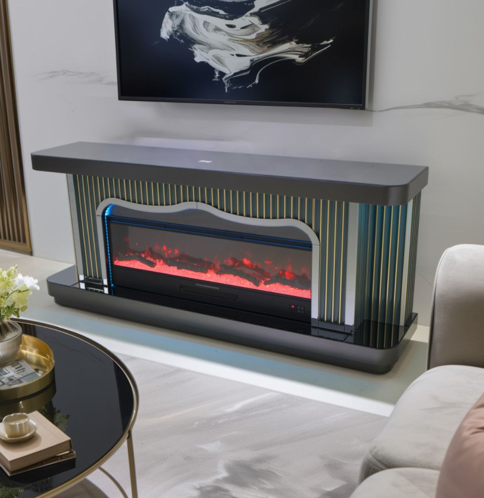 TVS109 Modern Grey &amp; Gold Electric Fireplace TV Stand (71&quot; x 16&quot; x 31&quot;) WITH WIRELESS CHARGER