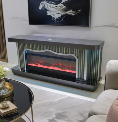 TVS109 Modern Grey &amp; Gold Electric Fireplace TV Stand (71" x 16" x 31") WITH WIRELESS CHARGER