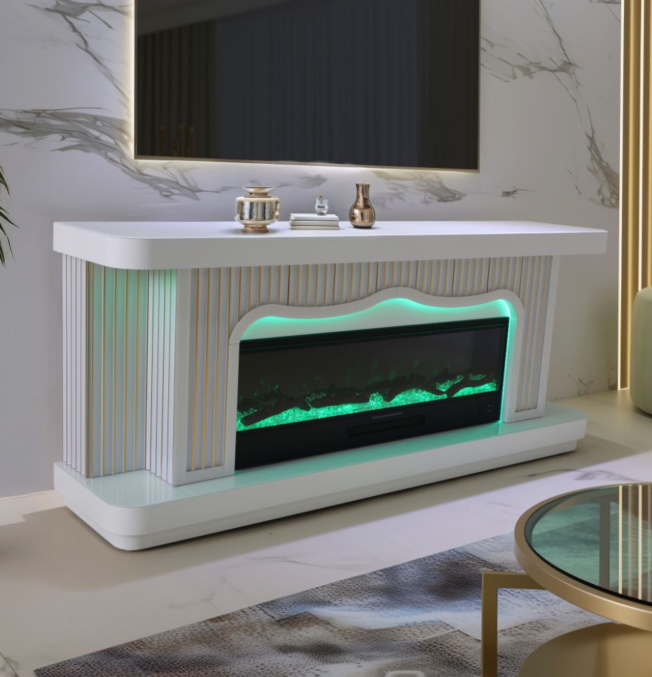 TVS108 Modern white  &amp; Gold Electric Fireplace TV Stand (71&quot; x 16&quot; x 31&quot;) WITH WIRELESS CHARGER