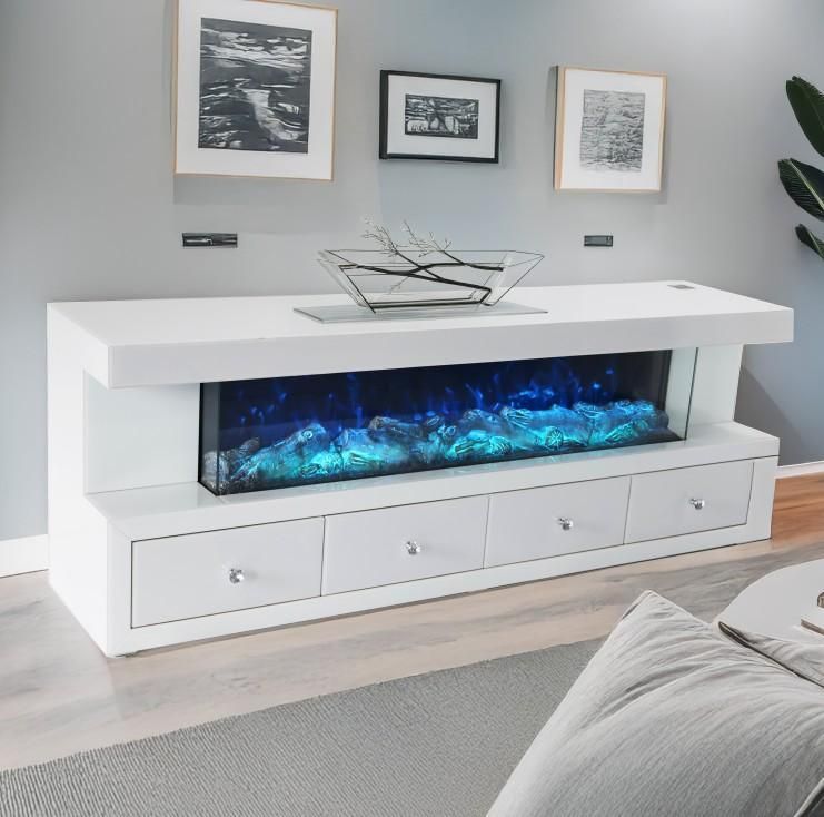 TVS111 Modern White Electric Fireplace TV Stand (70&quot; x 15&quot; x 25&quot;) With Bluetooth Speaker