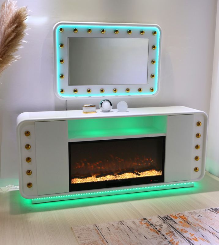 TVS104 Modern white  &amp; Gold Electric Fireplace TV Stand (77" x 15.7" x 33.5")