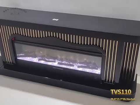 TVS110 Modern Black &amp; Gold Electric Fireplace TV Stand (71" x 16" x 31") WITH WIRELESS CHARGER