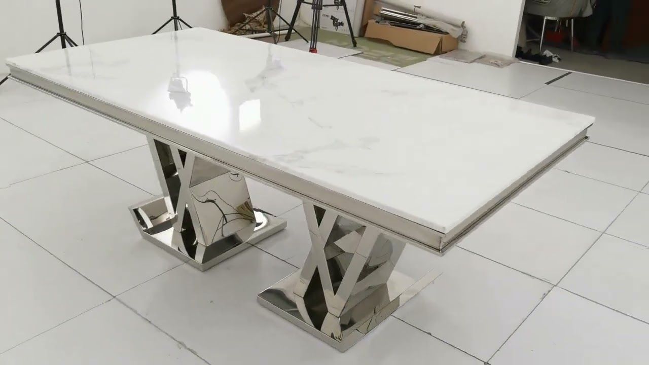DT2000C 80 X 40 X 30  - SILVER STAINLESS STEEL + MARBLE  DINING TABLE