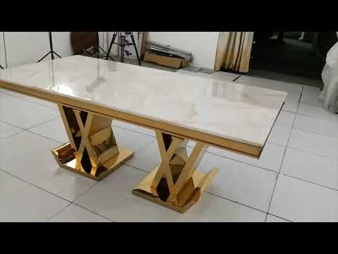 DT2000G 80 X 40 X 30  - GOLD STAINLESS STEEL + MARBLE  DINING TABLE