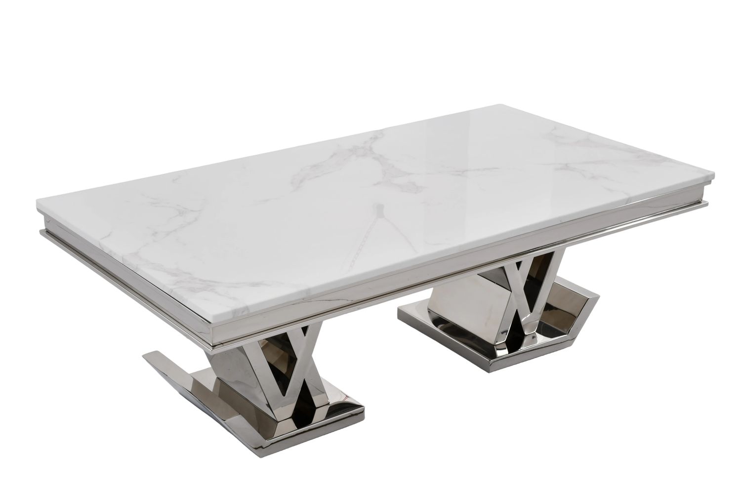 CT2000C 52 X 28 X 17.2  - SILVER STAINLESS STEEL + MARBLE  COFFEE TABLE