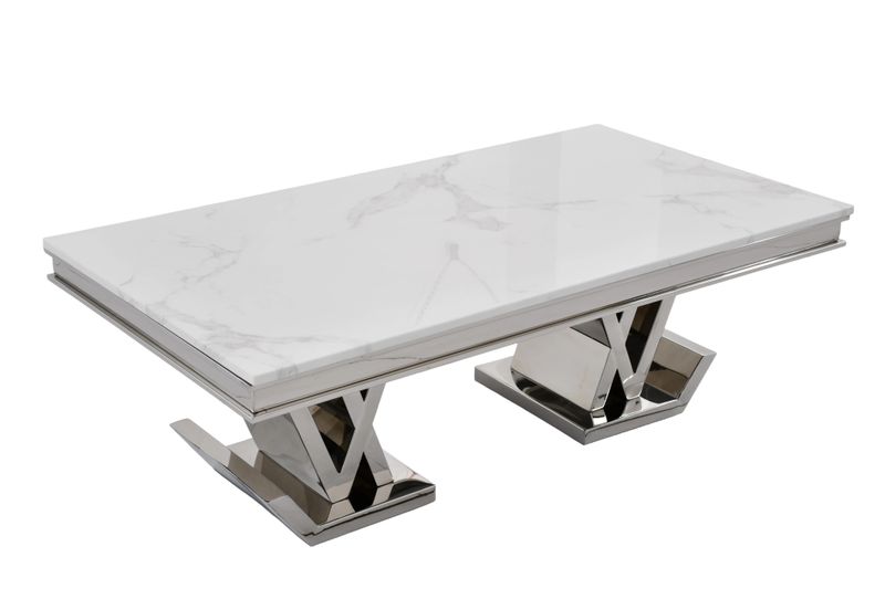 CT2000C 52 X 28 X 17.2  - SILVER STAINLESS STEEL + MARBLE  COFFEE TABLE