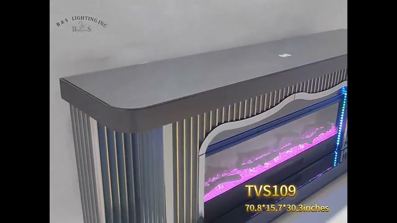 TVS109 Modern Grey &amp; Gold Electric Fireplace TV Stand (71" x 16" x 31") WITH WIRELESS CHARGER