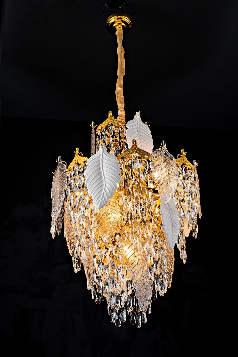 6137W24G 24"X31" MURANO AND PORCELAIN HANDMADE LONG LEAF COMBO CHANDELIER