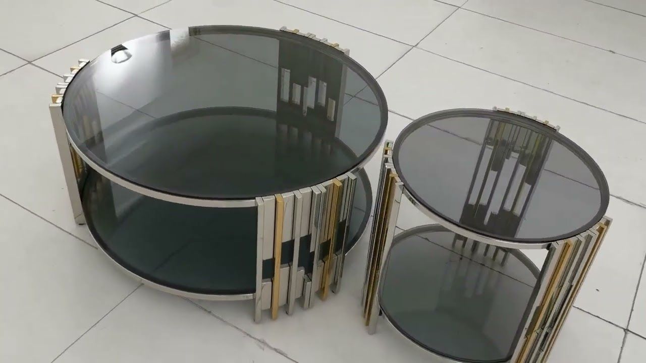 CT2012G 35x17 inch ROUND STAINLESS STEEL + GLASS COFFEE TABLE