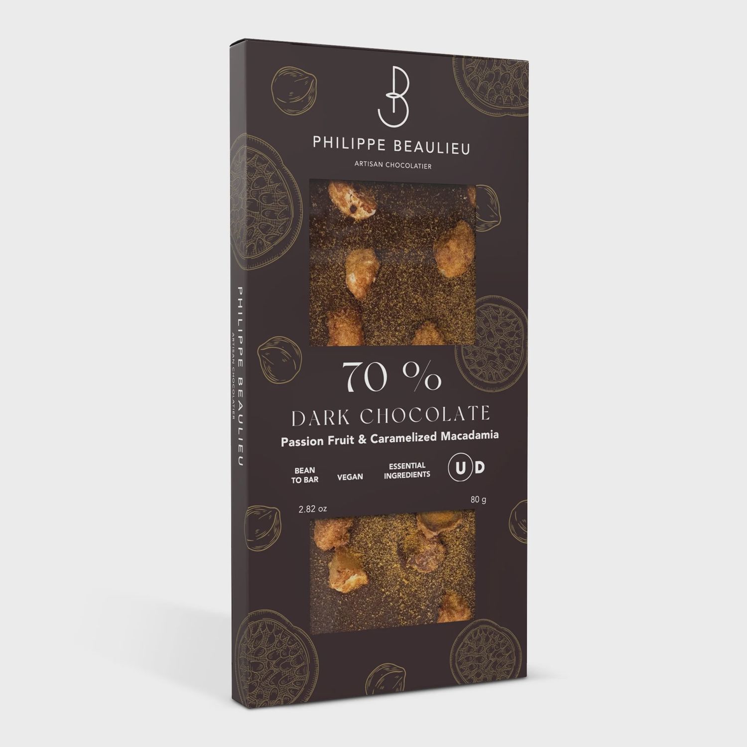 80g Philippe Beaulieu "70% Dark Chocolate Bar w/ Passionfruit &amp; Caramelized Macadamia"