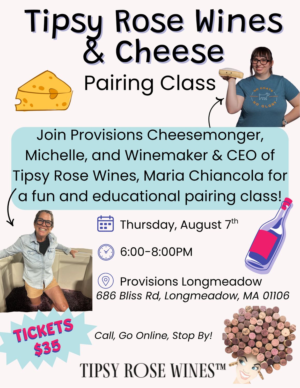 Wine &amp; Cheese Class: August 7 "Tipsy Rose Wines &amp; Cheese Pairing Class"
