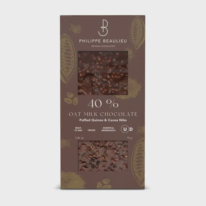 70g Philippe Beaulieu "40% Vegan Oat Milk Chocolate Bar w/ Puffed Quinoa &amp; Cacao Nibs"