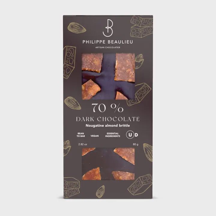 80g Philippe Beaulieu "70% Dark Chocolate Bar w/ Nougatine Almond Brittle"