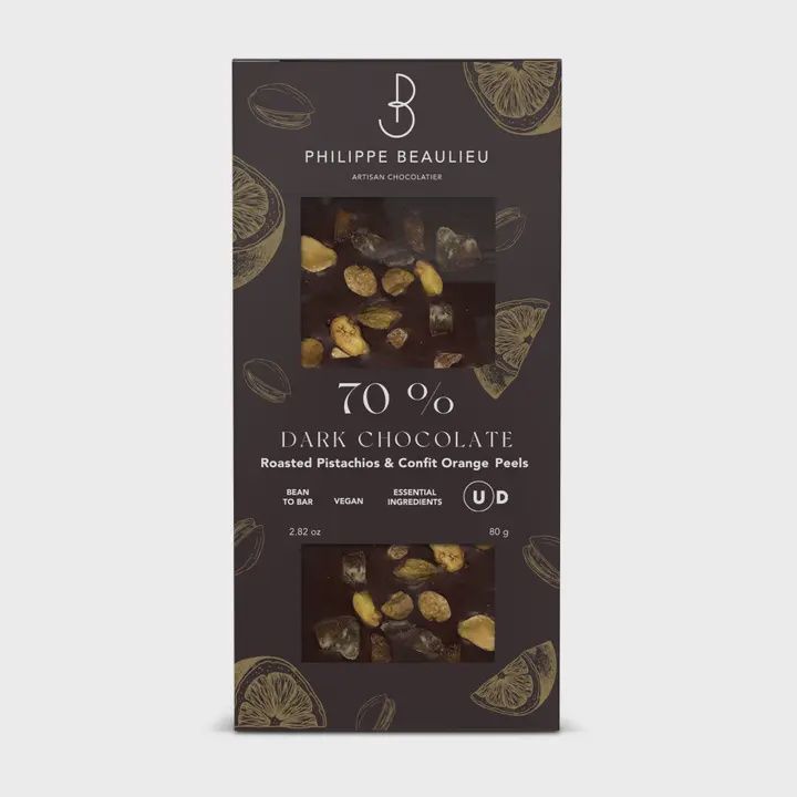 80g Philippe Beaulieu "70% Dark Chocolate Bar w/ Orange Confit &amp; Roasted Pistachio"