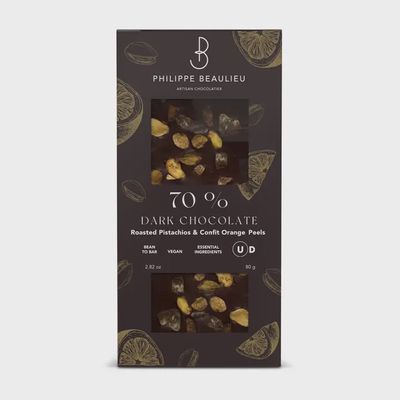 80g Philippe Beaulieu "70% Dark Chocolate Bar w/ Orange Confit &amp; Roasted Pistachio"