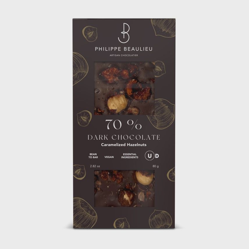 80g Philippe Beaulieu "70% Dark Chocolate Bar w/Caramelized Hazelnuts"