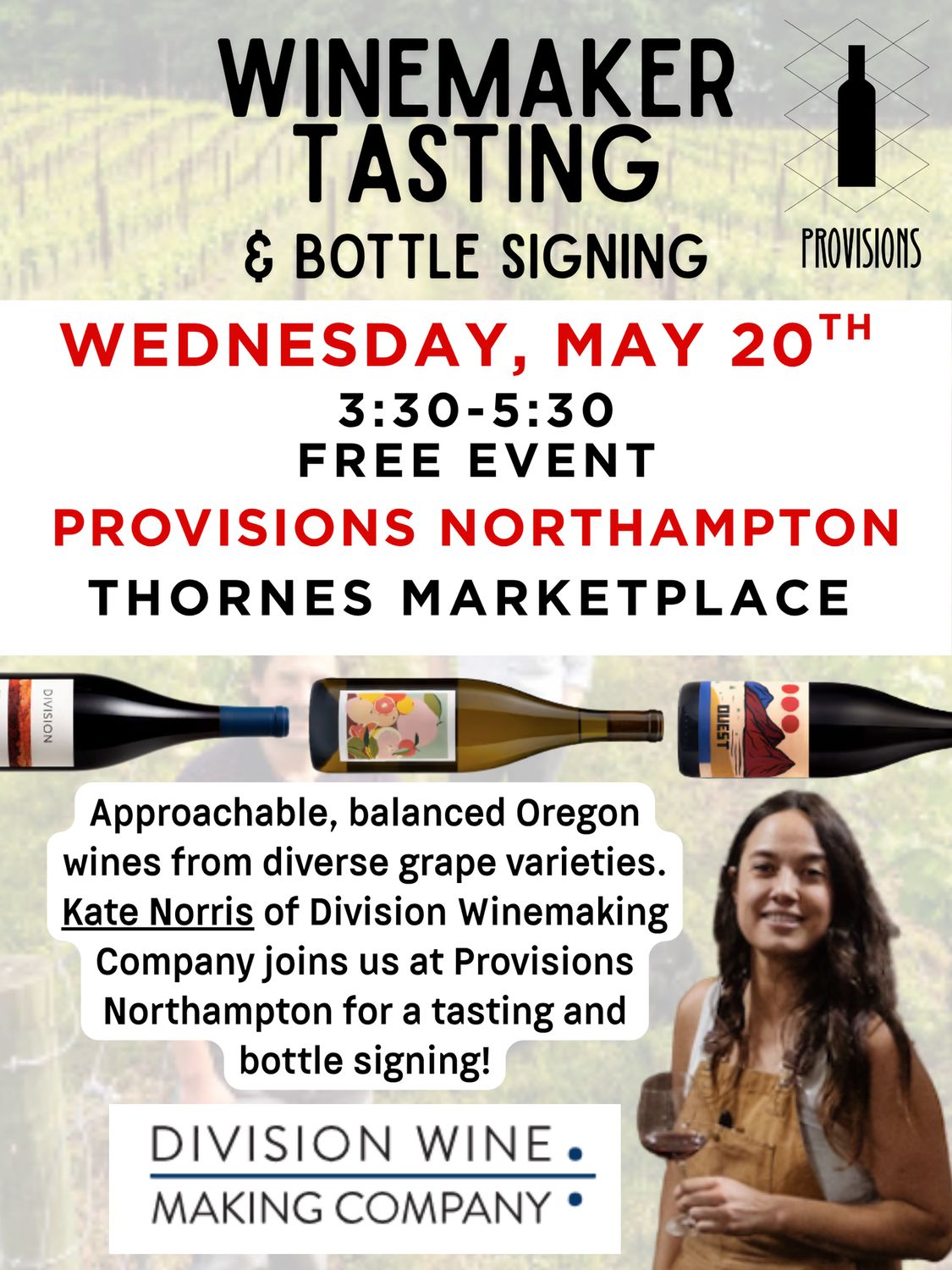 Free Tasting: "Winemaker Tasting and Bottle Signing with Kate Norris of Division Wine Co." - May 20th