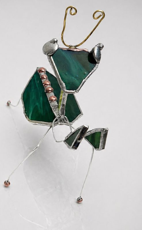 Praying Mantis- Opaque Dark Green with Copper Patina detail Praying Mantis- Opaque Dark Green with Copper Patina detail