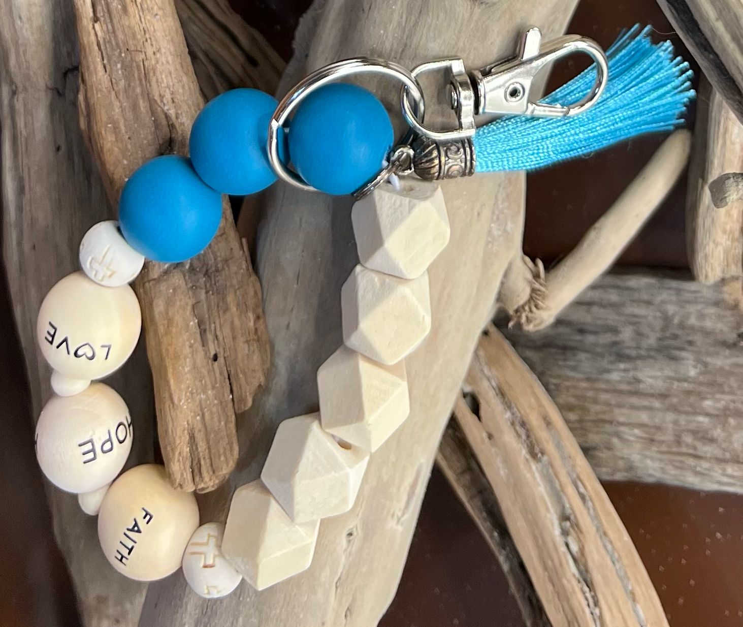 Blue Beaded Bracelet Keychain With Tassel