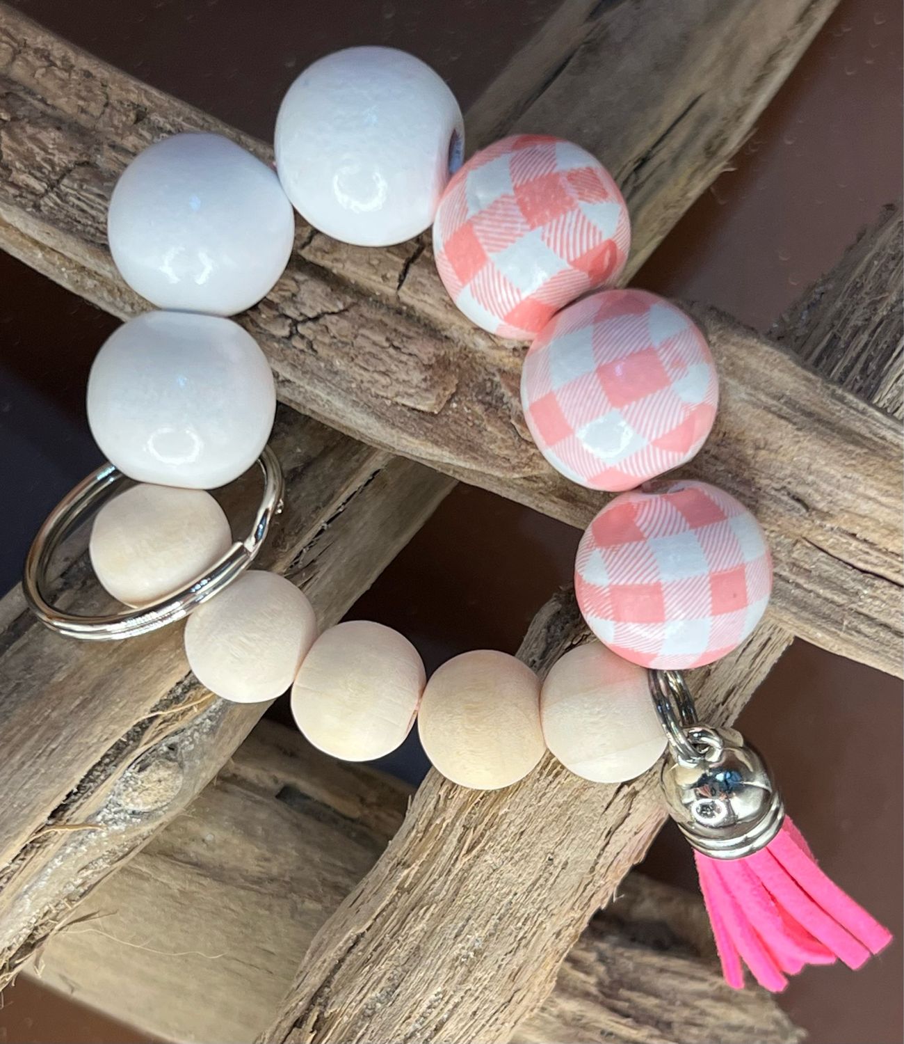 Pink Gingham Beaded Bracelet Keychain