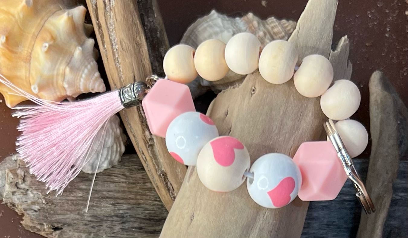 Pink Heart Beaded Bracelet Keychain