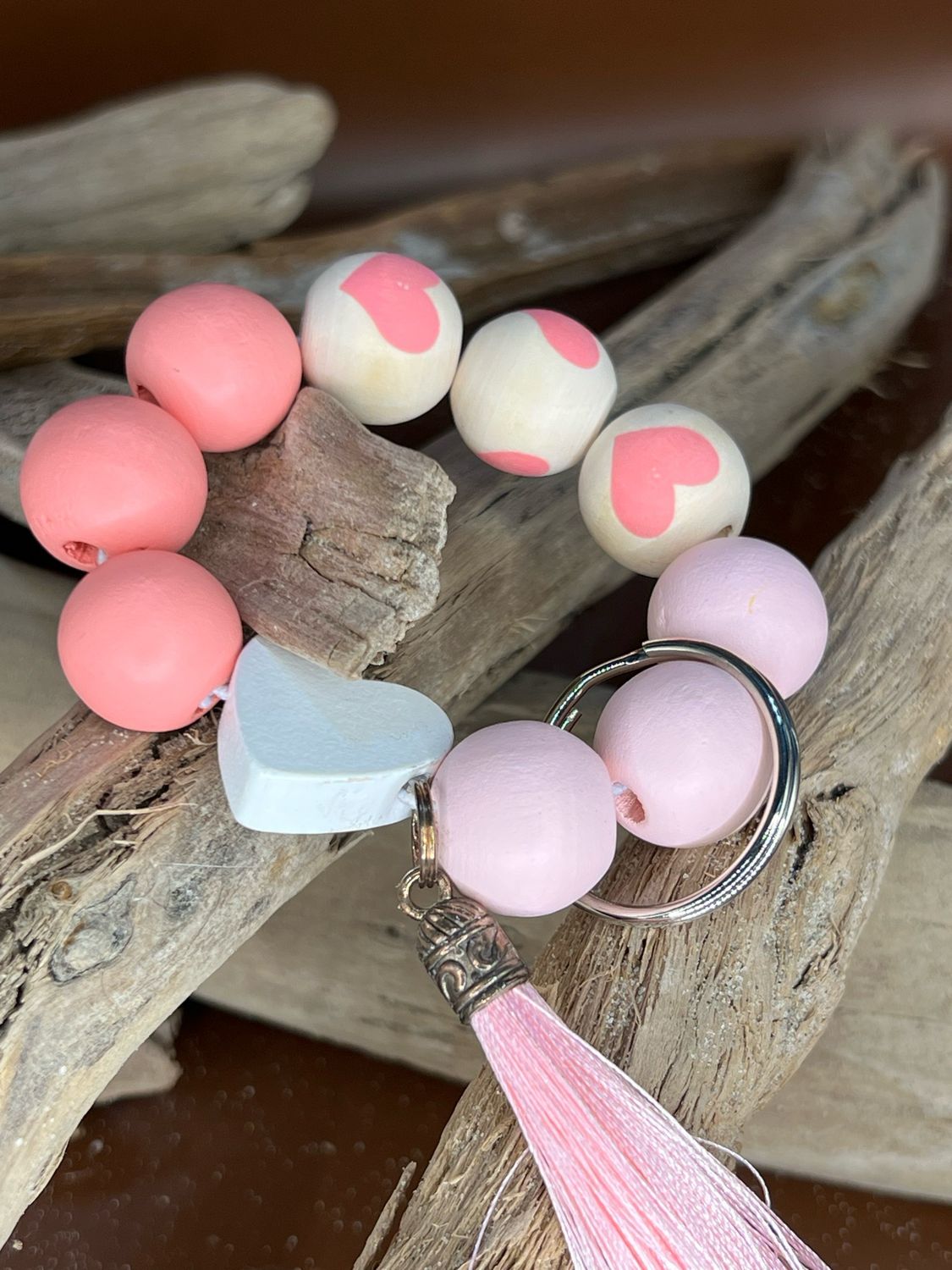Pink Wood Bead Heart Keychain