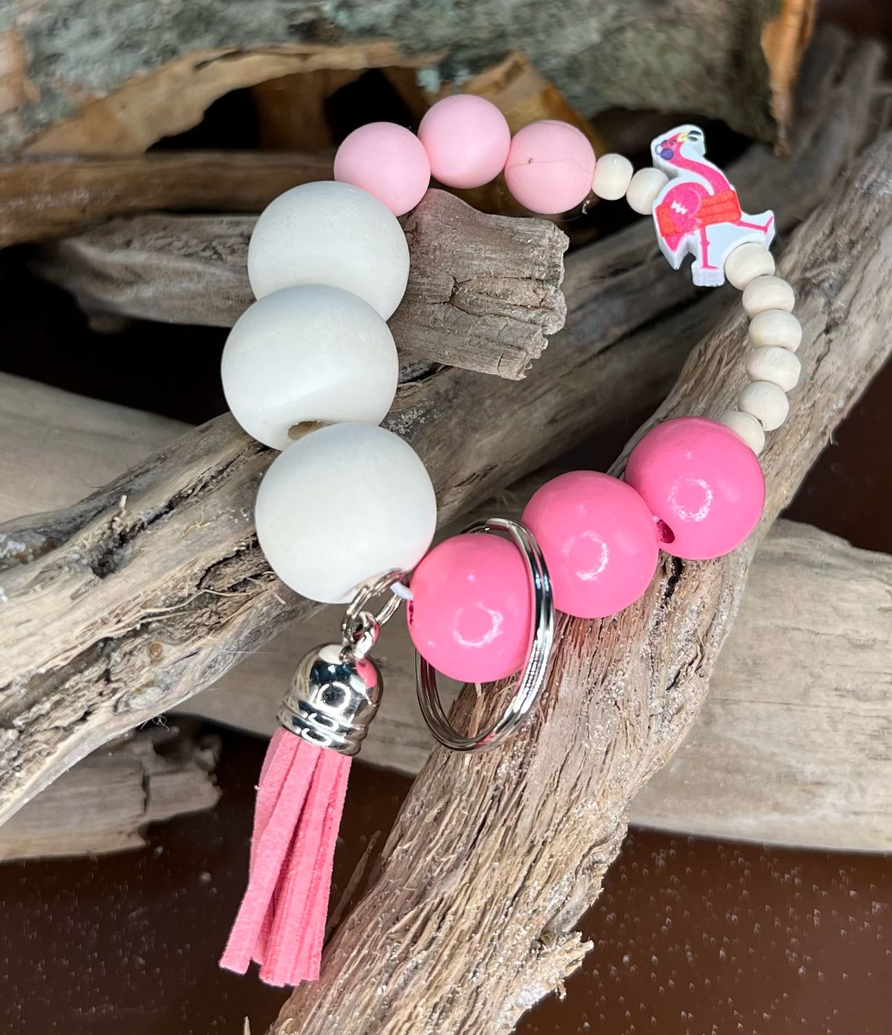 Pink Flamingo Beaded Keychain